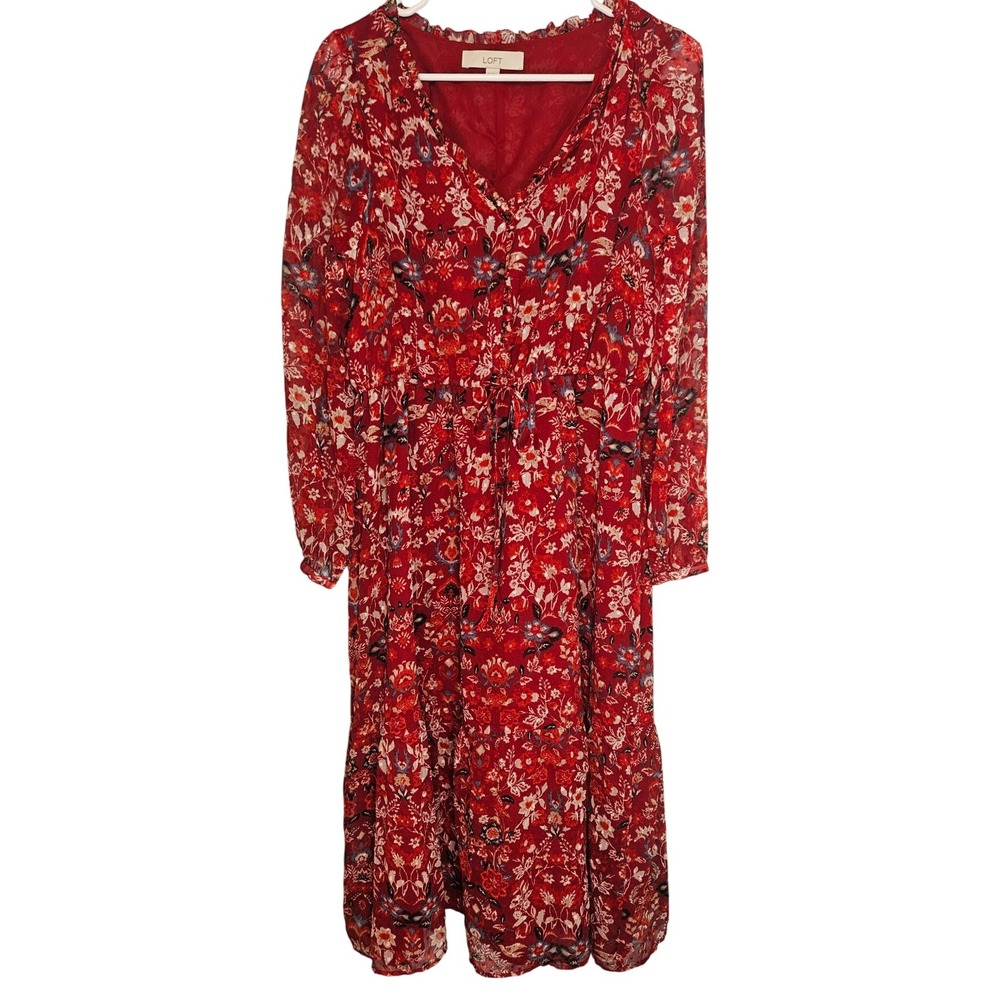 LOFT Red Floral Clipâ Dot Tiered Midi Dress Long Sleeve Ruffle V-Neck Size M